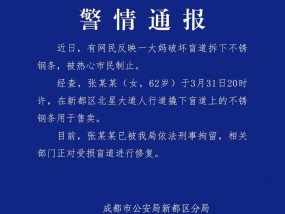 大妈破坏盲道拆下不锈钢条被制止，警方通报